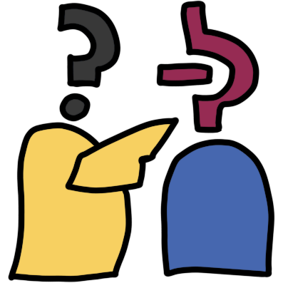 A yellow figure with a question mark head points to a blue figure, whose head is a squiggle with a line going into it.